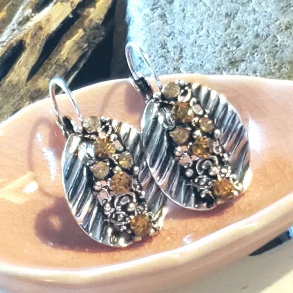Vintage Amber Color Crystals Antique Silver Art Nouveau Style Leverback Earrings